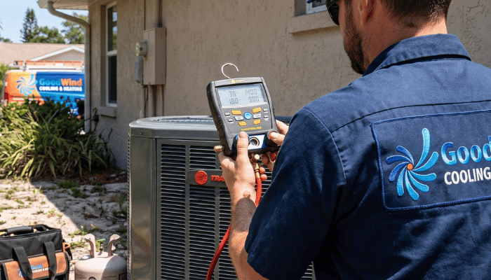 Licensed Hvac Technician Checking Refrigerant Levels On An Outdoor Air Conditioning Unit At A St. Petersburg Florida Home