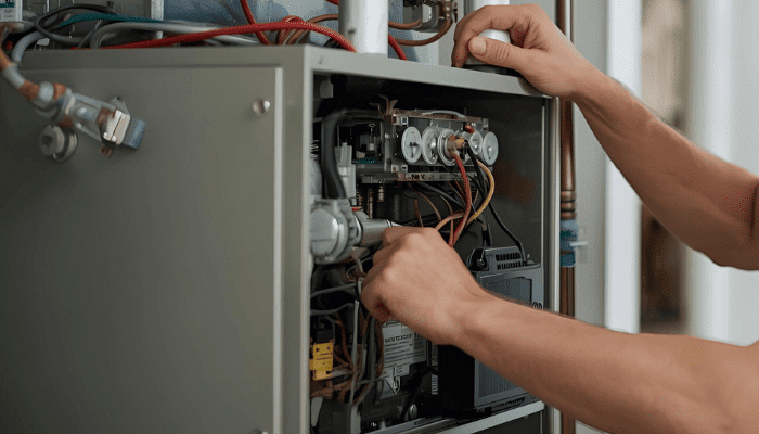 Technician performing emergency heating repair on a residential furnace